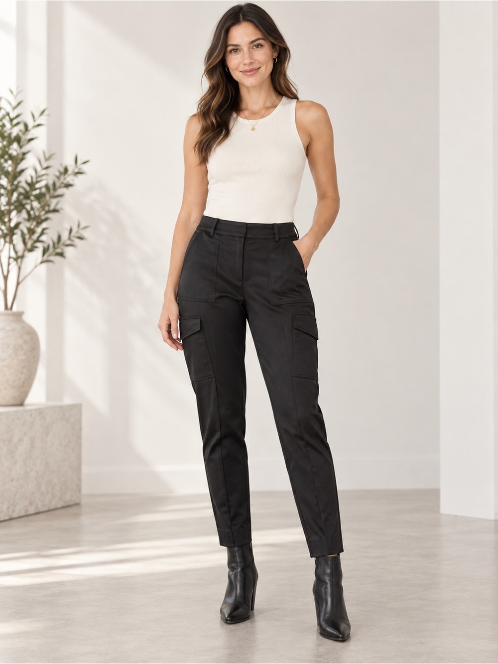 Chico’s Women’s Size 2 Black Satin Cargo Pants Slim Tapered Ankle Pockets